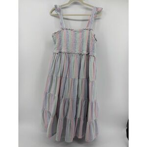 RuffleButts Womens XL Multicolor Seersucker Sundress Smocked Tiered Ruffle Strap